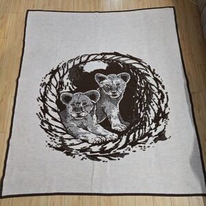 Vintage Tekstilana Kocevje Lion Cubs‎ Blanket 59” x 79” Brown Made in Yugoslavia